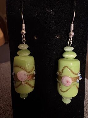 Handcrafted Green Glass Lampwork Bead Drop Earrings - Pink Rose Detail